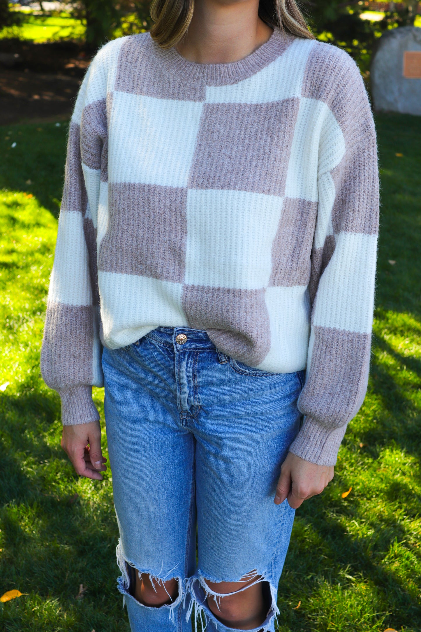 Tan & White Checkered Sweater
