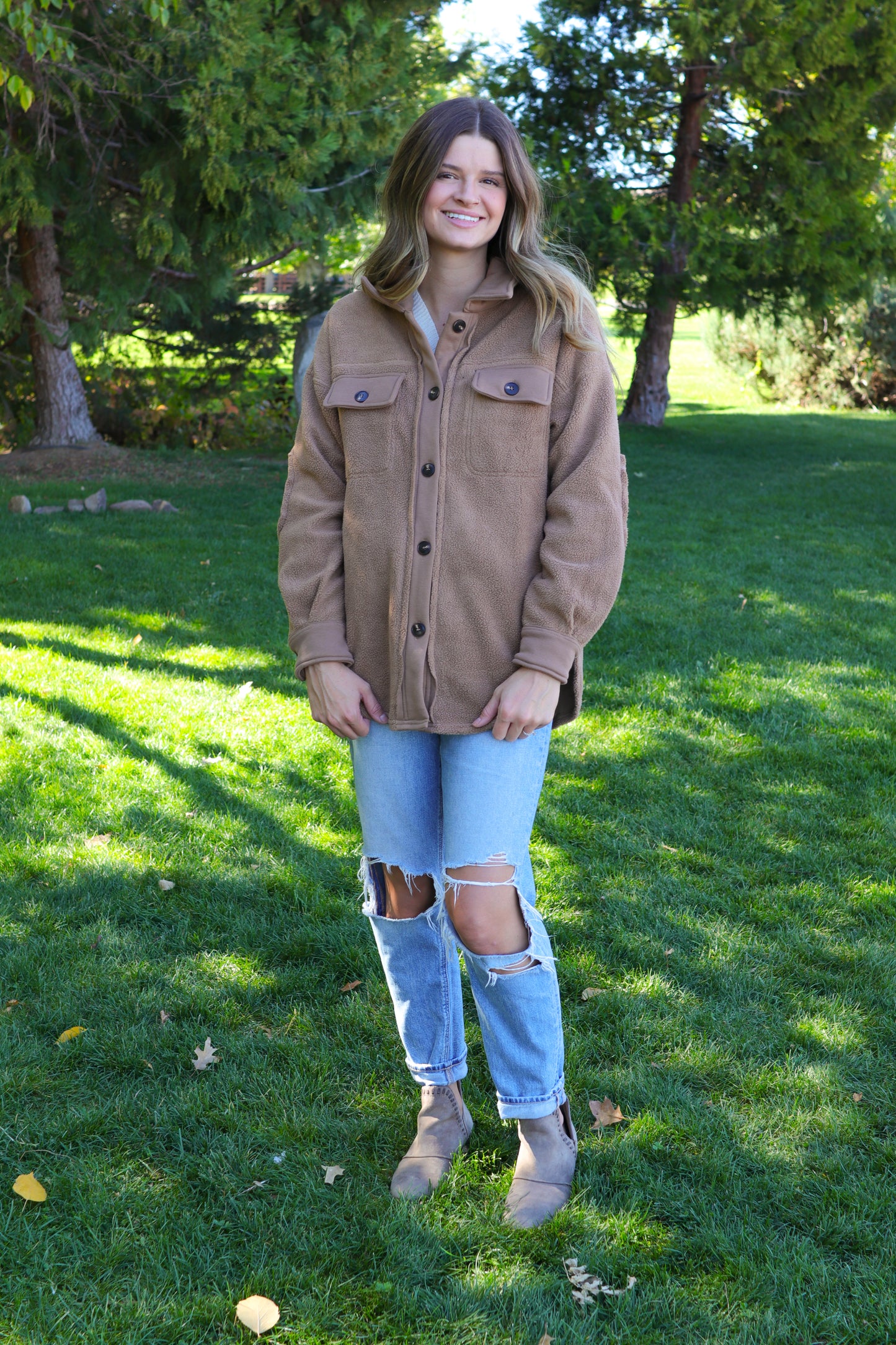 Mocha Fleece Button Down Jacket