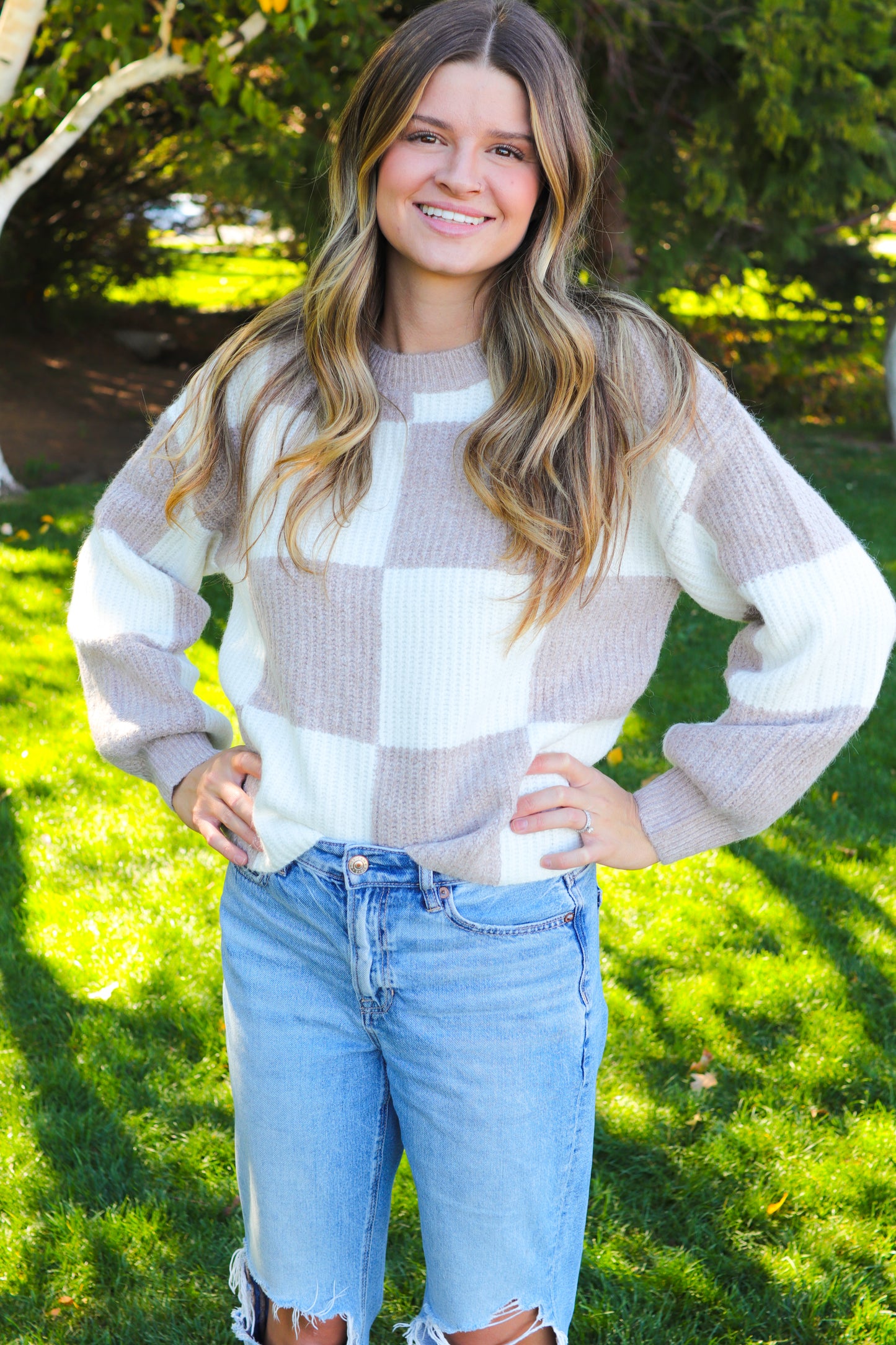 Tan & White Checkered Sweater