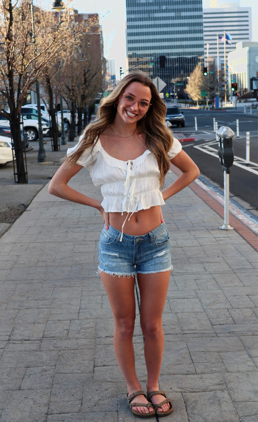 White Cropped Ruffle Blouse